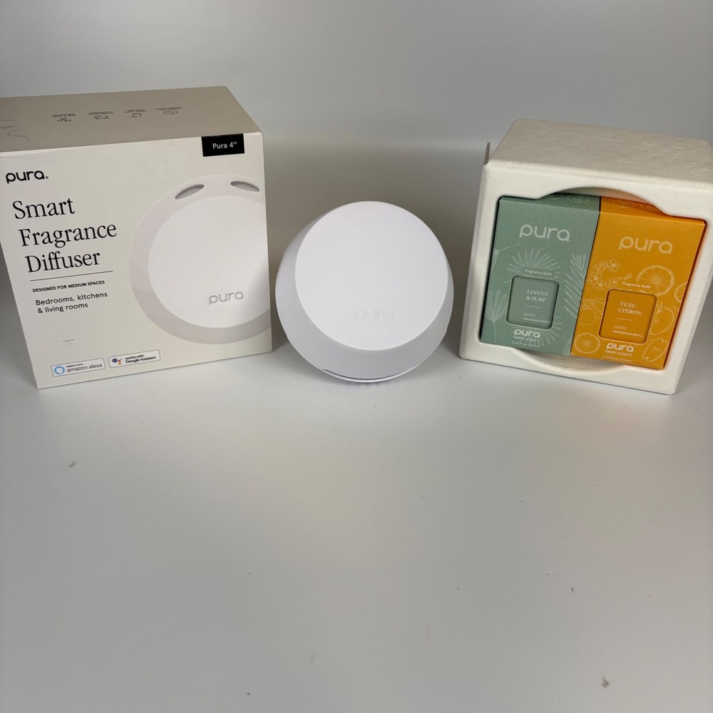 Pura 4 Smart Fragrance Diffuser Set Linens & Surf Yuzu Citron Refills Open Box